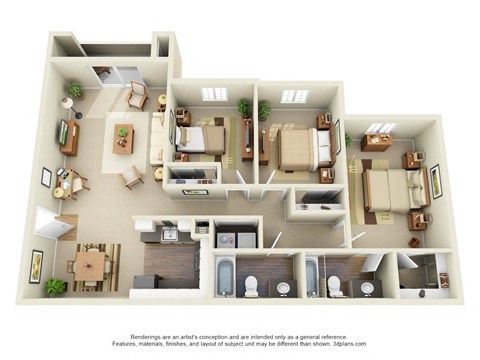 Floor plan for 3 beds, 2 baths, 1188 sqft